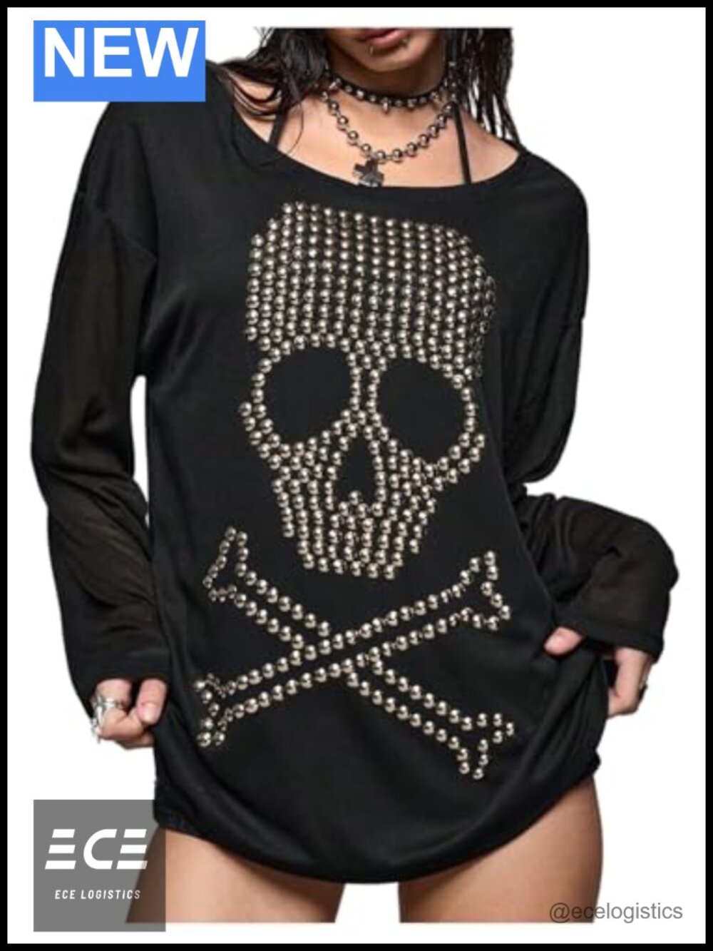 Womens Punk Skull Rivet Long Sleeve T-Shirt Loose Fit Grunge Y2K Top